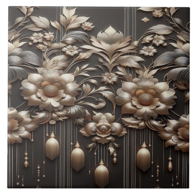Azulejo Gilded Botanical Symphony on Charcoal Noir (Frente)