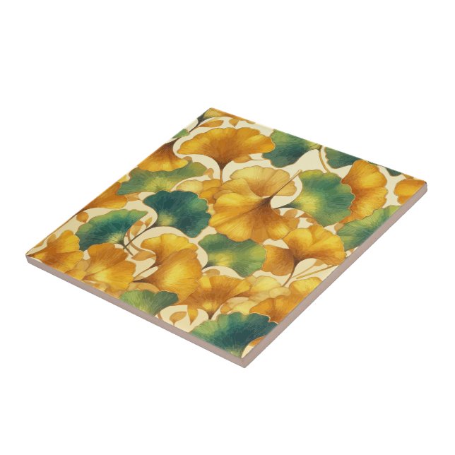 Azulejo Ginkgo Glow Golden y Green Leaf Pattern (Lado)