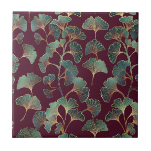 Azulejo Ginkgo Teal Refined con Acentos Dorados