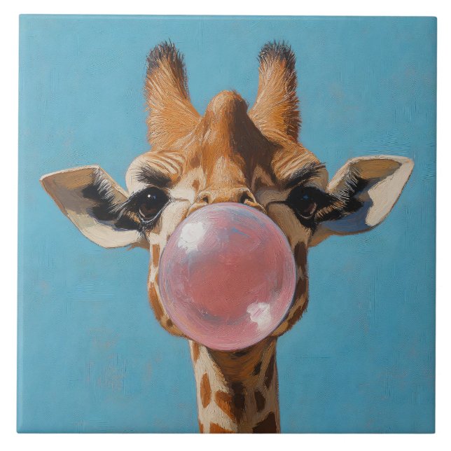 Azulejo Giraffe Blowing Pink Bubblegum Bubble (Frente)