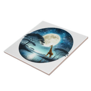 Azulejo Giraffe en el Serene Lago Moonlit de noche