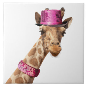Azulejo Giraffe en gorra rosa brillante