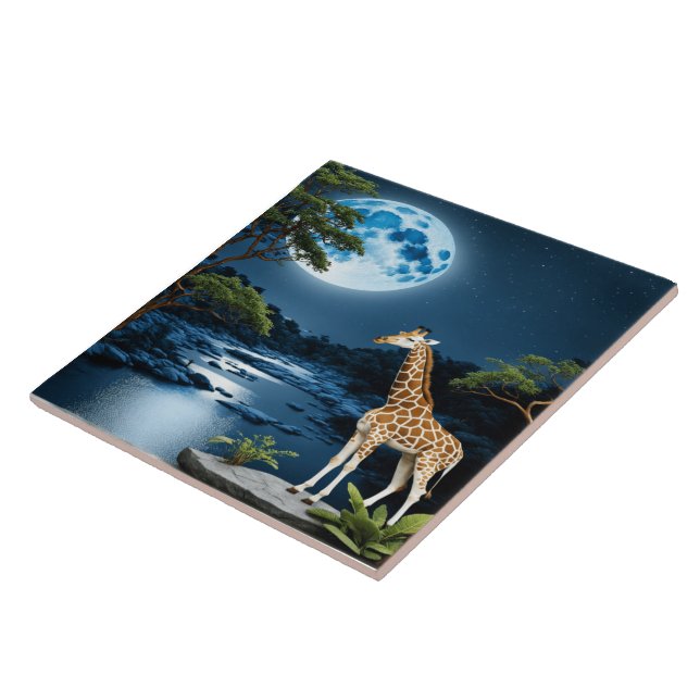 Azulejo Giraffe Por Río Luna Bajo Cielo Estelar (Lado)