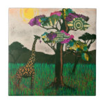 Azulejo Giraffe sobre los aviones de África<br><div class="desc">Aviones de África II por Alonzo Saunders. La belleza de la vida salvaje se refleja en este arte con el sol que se pone lentamente mientras una jirafa come hojas de un árbol colorido en los aviones africanos. | 132935GG</div>