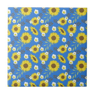 Azulejo Girasol Amarillo Flor Fondo Azul Floral