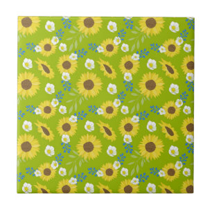 Azulejo Girasol Amarillo Fondo Verde Flor Floral
