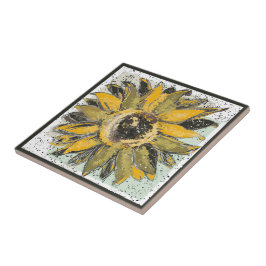 Azulejo Girasol Amarillo Verde Negro Estilo Acuarela Arte