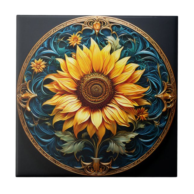 Azulejo Girasol artístico en negro (Frente)