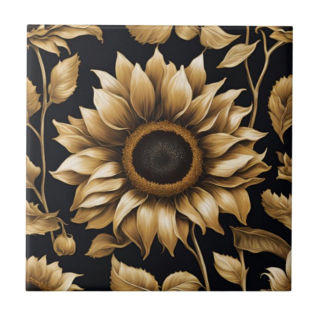 Azulejo Girasol de oro gigante en negro (Frente)