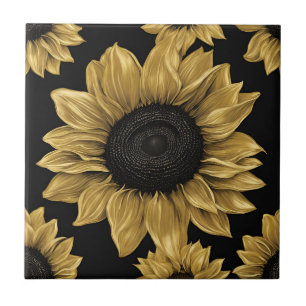 Azulejo Girasol Dorado Intenso sobre Negro