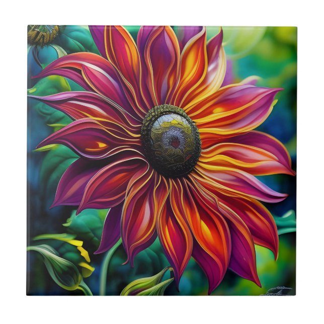 Azulejo Girasol filigre rojo y dorado (Frente)