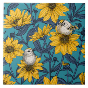 Azulejo girasoles silvestres y pájaros dorados/ amarillo