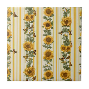 Azulejo Girasoles y Mariposas sobre Rayas Amarillas
