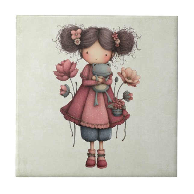 Azulejo Girl with A Frog Doll Cute Whimsical (Frente)
