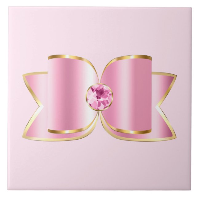 Azulejo Glam Bow rosa con piedra angular (Frente)