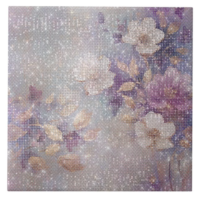 Azulejo Glam Gold Purple Floral Sparkle (Frente)