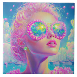 Azulejo Glamorosa mujer neón con gafas de espuma