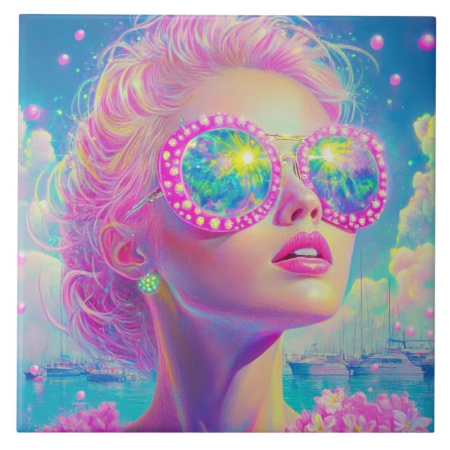 Azulejo Glamorosa mujer neón con gafas de espuma (Frente)