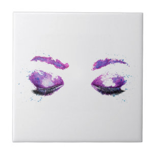 Azulejo Glamorosos Ojos Púrpuros y Flores Acuarela