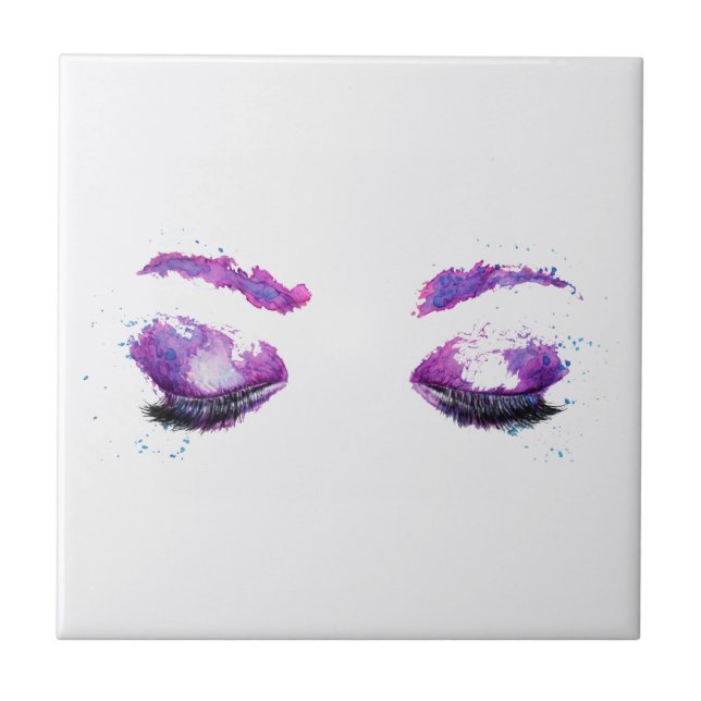 Azulejo Glamorosos Ojos Púrpuros y Flores Acuarela (Frente)