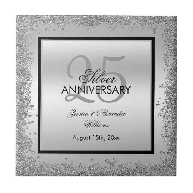 Azulejo Glitzy Silver & Black 25º Aniversario de Boda   (Frente)