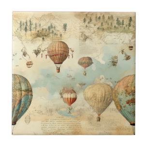 Azulejo Globo aerostático sepia Mapa antiguo