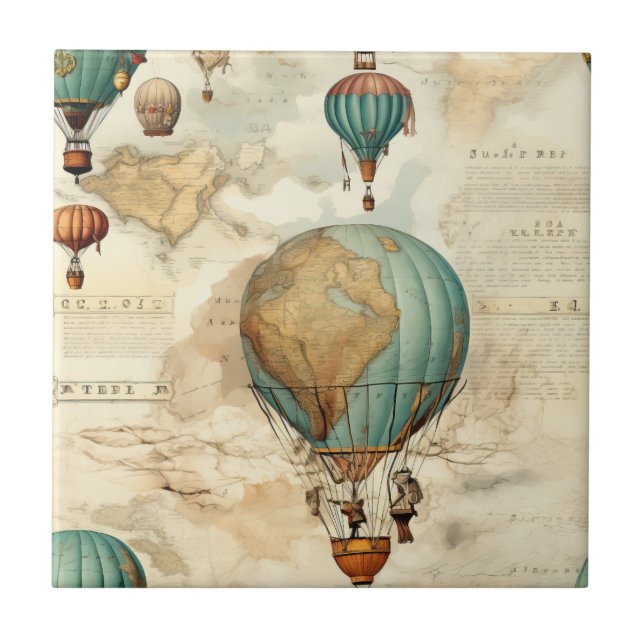 Azulejo Globo de aire caliente de época en un paisaje sere (Frente)