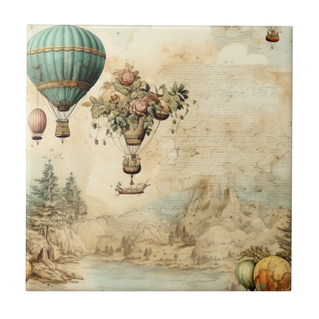 Azulejo Globo de aire caliente de época en un paisaje sere (Frente)