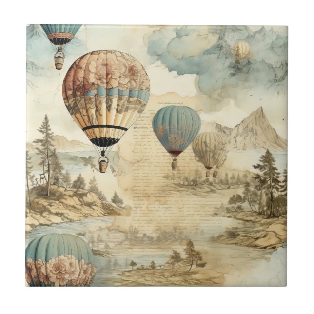 Azulejo Globo de aire caliente de época en un paisaje sere (Frente)