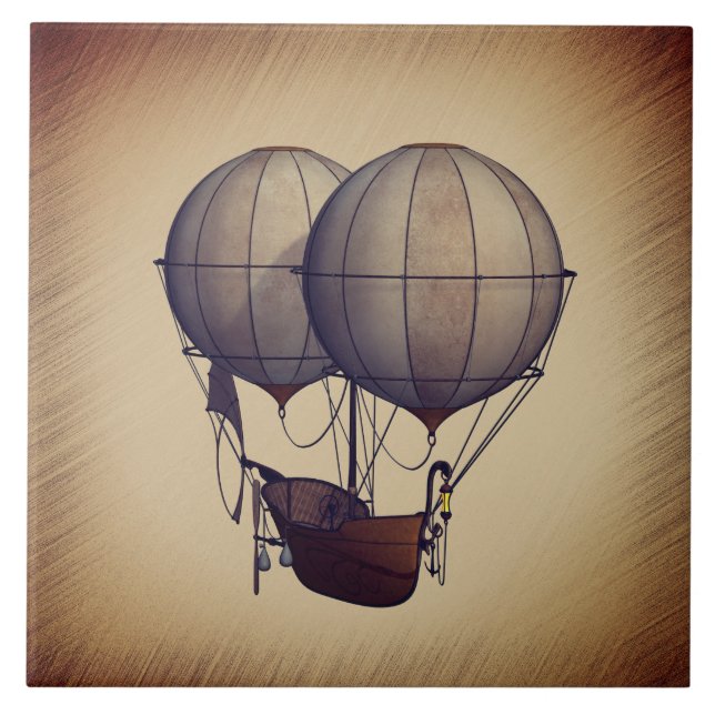 Azulejo Globos de aire caliente de Steampunk con barco (Frente)