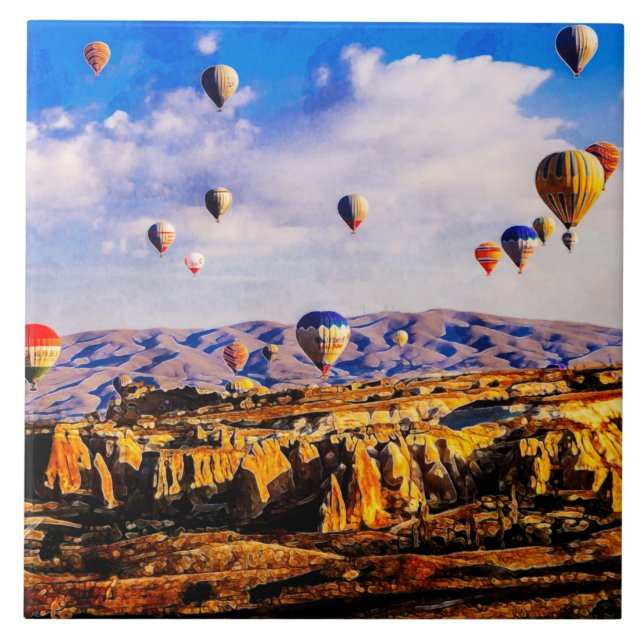 Azulejo Globos de aire coloridos.  Cappadocia, Turquía. (Frente)