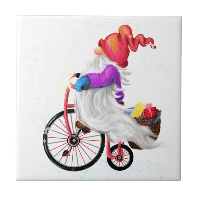 Azulejo Gnome divertido con bicicletas y regalos - Feliz N (Frente)