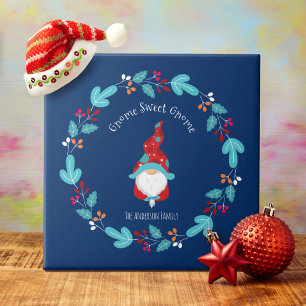 Azulejo Gnome Sweet Gnome Blue Modern Elf Floral Wreath