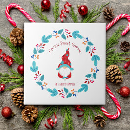 Azulejo Gnome Sweet Gnome Cute Modern Elf Floral Wreath