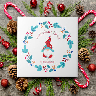 Azulejo Gnome Sweet Gnome Cute Modern Elf Floral Wreath