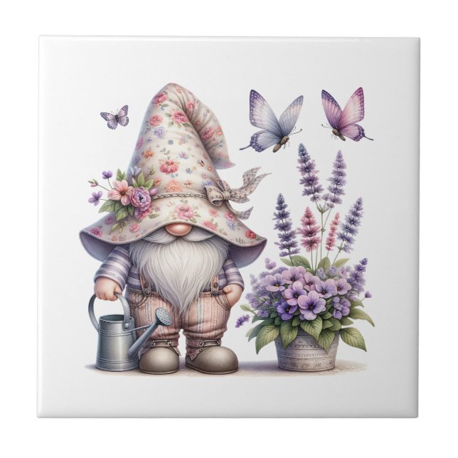 Azulejo Gnomo Flores Rosadas Purpura Mariposas Lavanda (Frente)