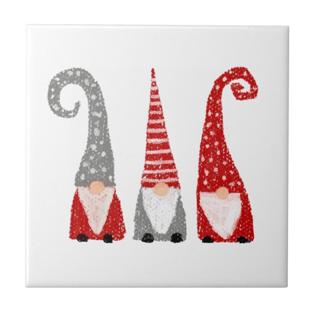 Azulejo Gnomos modernos de Navidad Rojo Gris Blanco Nórdic (Frente)