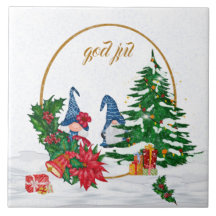 God Jul Sueco Gnomes Blue Couple Ceramic Tile
