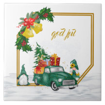 God Jul Sueco Gnomes Green Couple Ceramic Tile