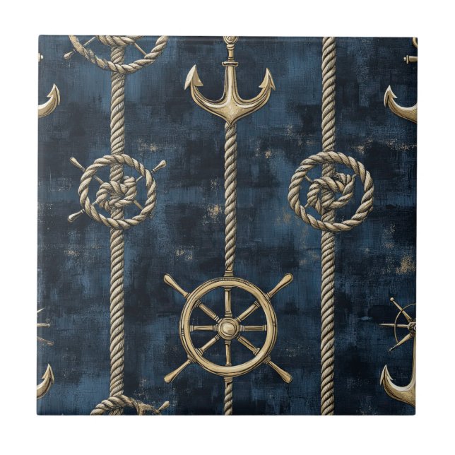 Azulejo Gold Anchor & Helm Nautical Pattern (Frente)