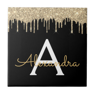 Azulejo Gold Black Luxury Purpurina Glam Monograma Nombre