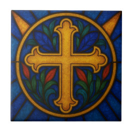 Azulejo Gold Christian Cross Stained Glass Ceramic Tile