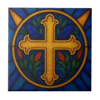 Azulejo Gold Christian Cross Stained Glass Ceramic Tile