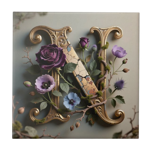 Azulejo Gold Floral Patina Letter N Monogram (Frente)