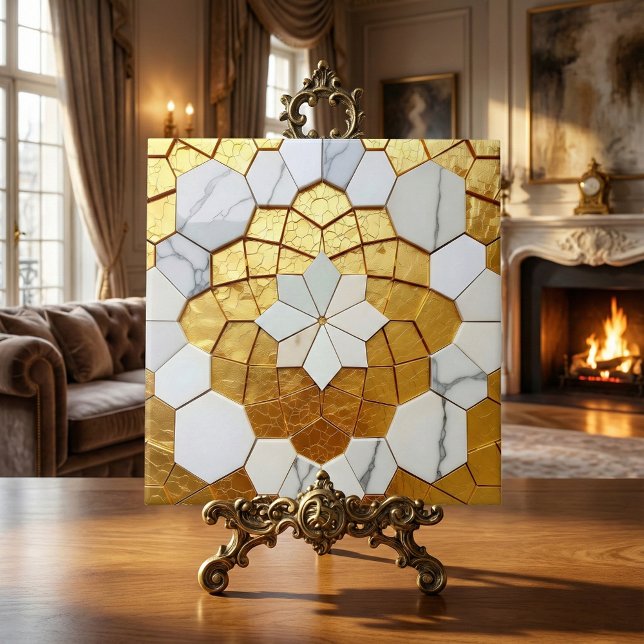 Azulejo Gold Foil & White Marble Geometric Mosaic Art Deco (Subido por el creador)