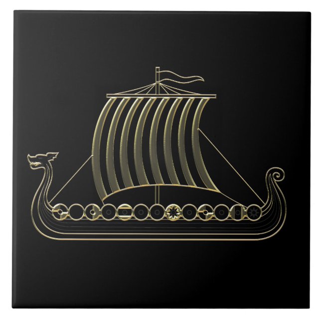 Azulejo Gold Metallic Outline of Viking Longboat Tile (Frente)