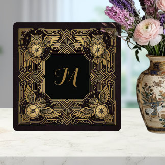 Azulejo Gold Owl Compass Monogram Art Deco Ceramic Tile