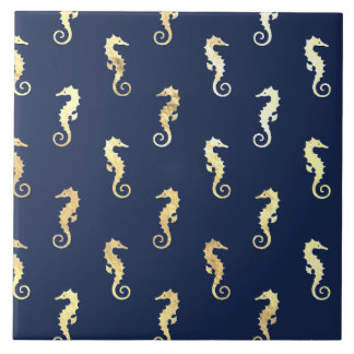 Azulejo Gold Tone Seahorses over Navy Blue