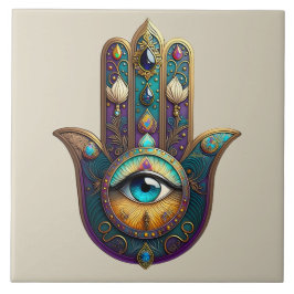 Azulejo Gold Violet Teal Hamsa con Tercer Ojo Turquesa