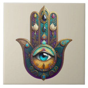 Azulejo Gold Violet Teal Hamsa con Tercer Ojo Turquesa